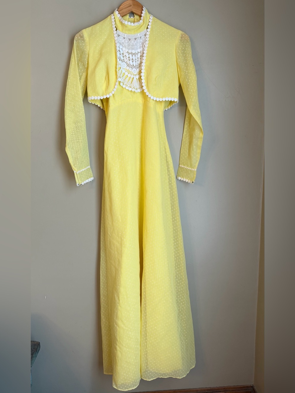 Vtg 60’s 70’s yellow Formal dress maxi gown polka dot Bolero Jacket  Retro Dress